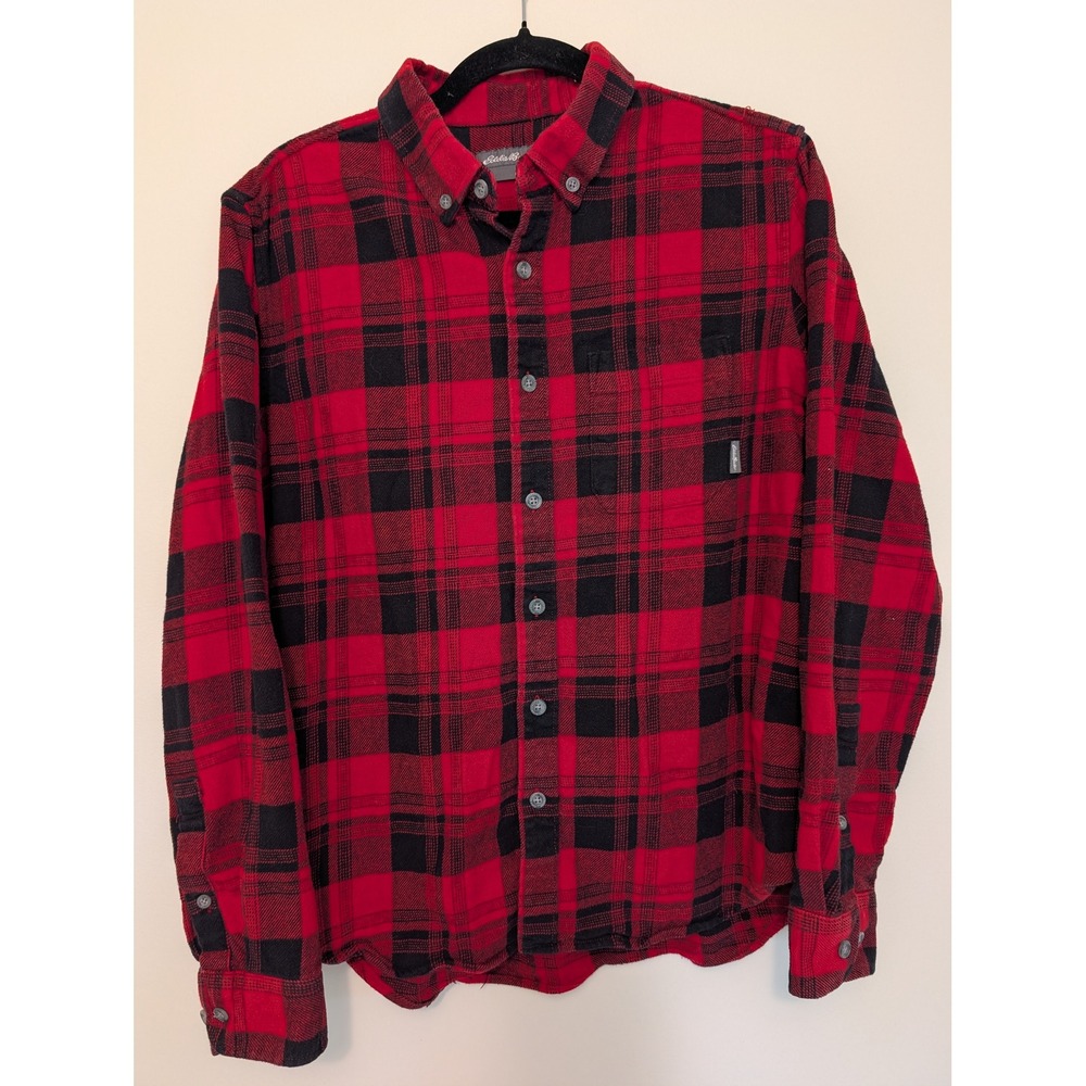 Eddie Bauer Men Flannel Shirt Medium Red Black Plaid Long Sleeve Button Down